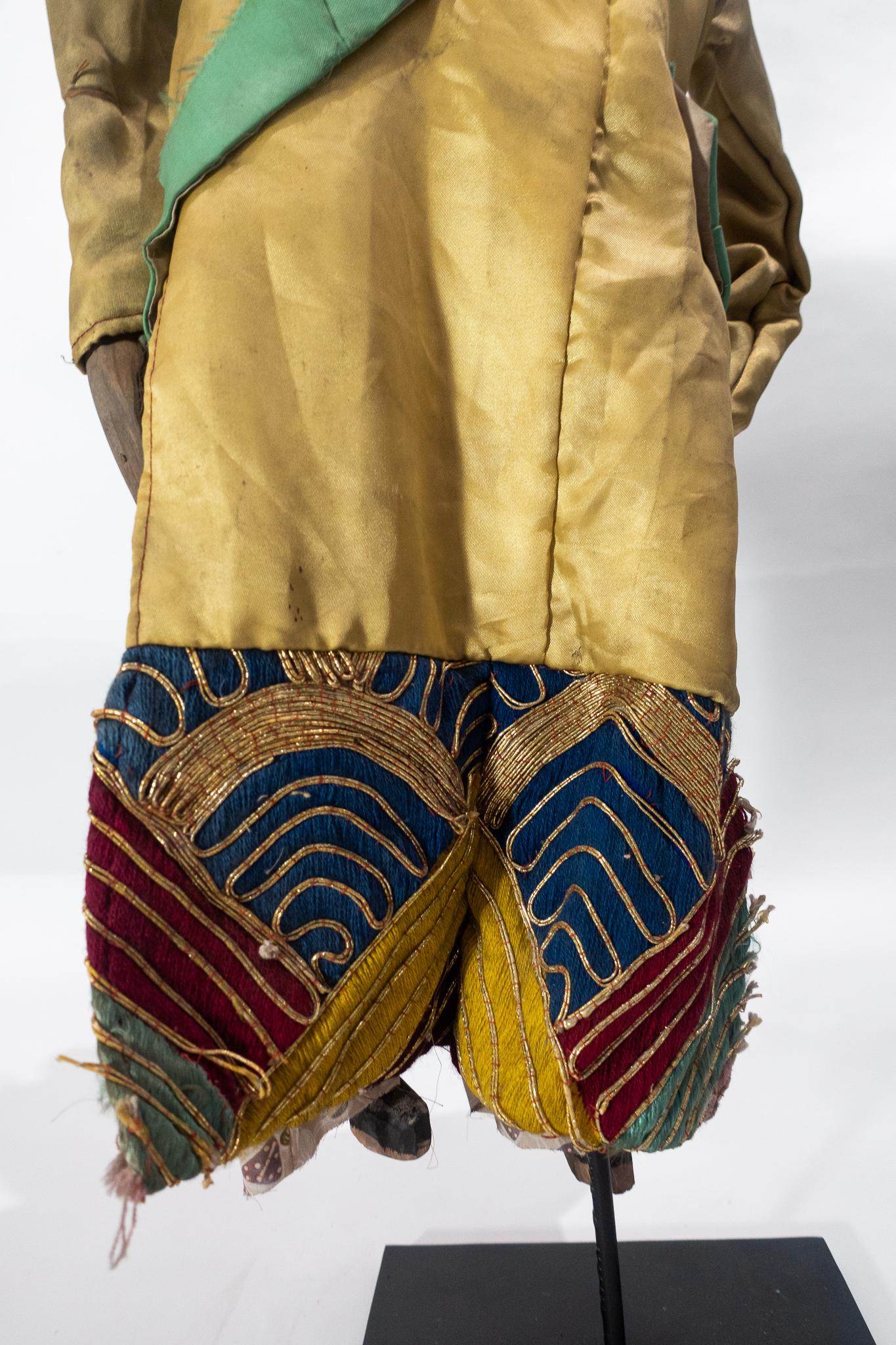 Early 20th Century Vintage Chinese Opera Theatre Marionette, Yellow Silk Robe, Red Pom Poms
