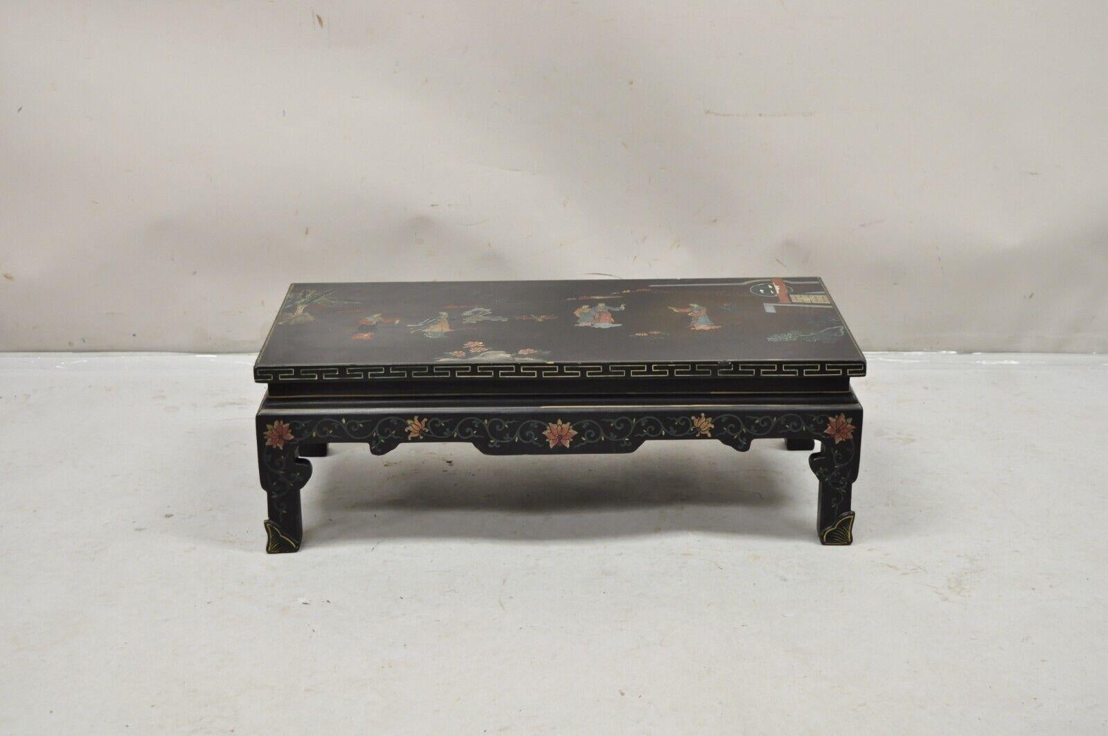 Vintage Chinese Oriental Black Lacquer Hand Painted Low Asian Side Table For Sale 4