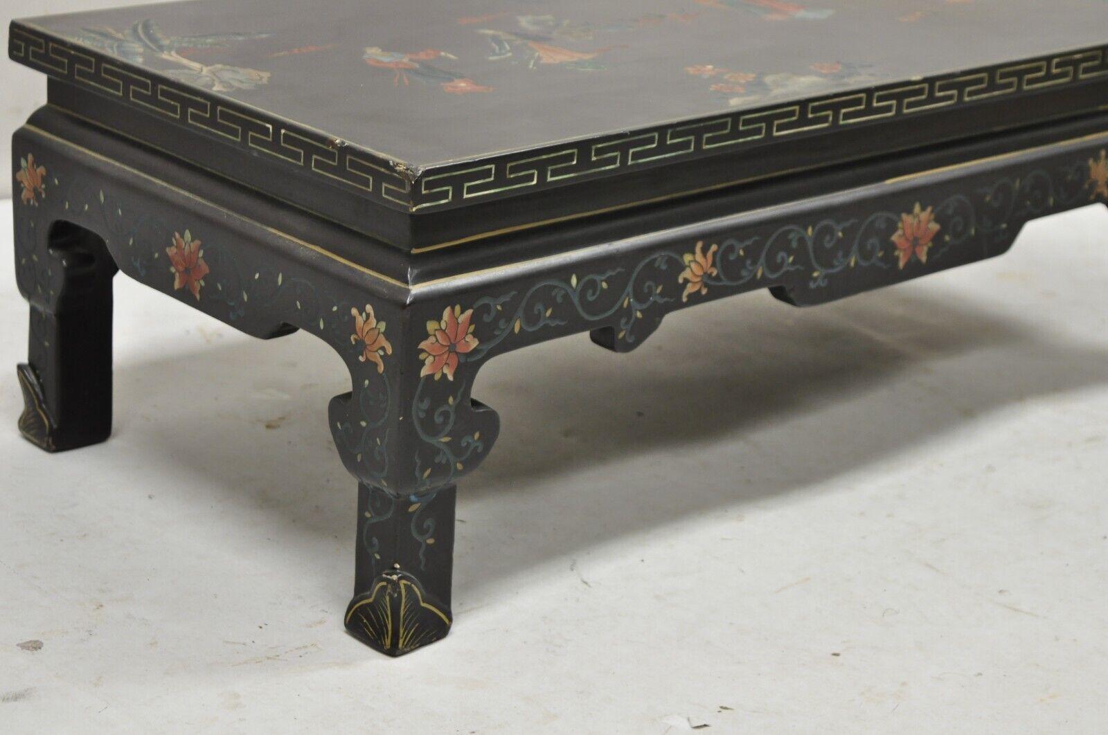 Chinese Export Vintage Chinese Oriental Black Lacquer Hand Painted Low Asian Side Table For Sale