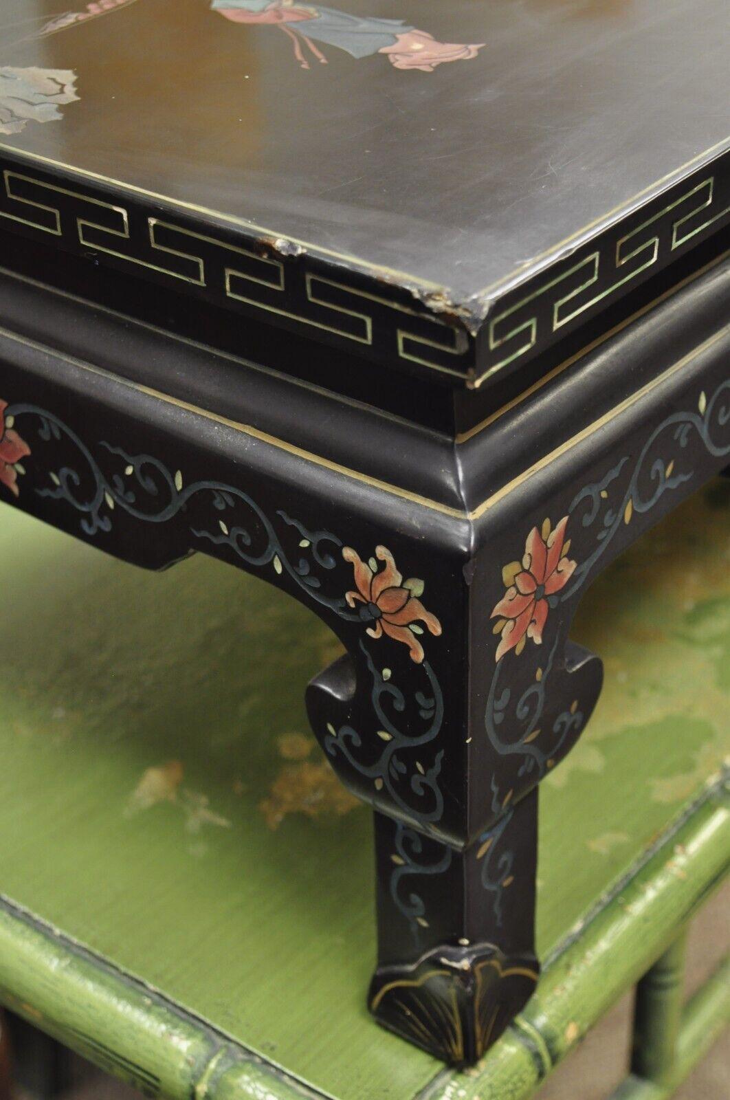 Vintage Chinese Oriental Black Lacquer Hand Painted Low Asian Side Table In Good Condition For Sale In Philadelphia, PA