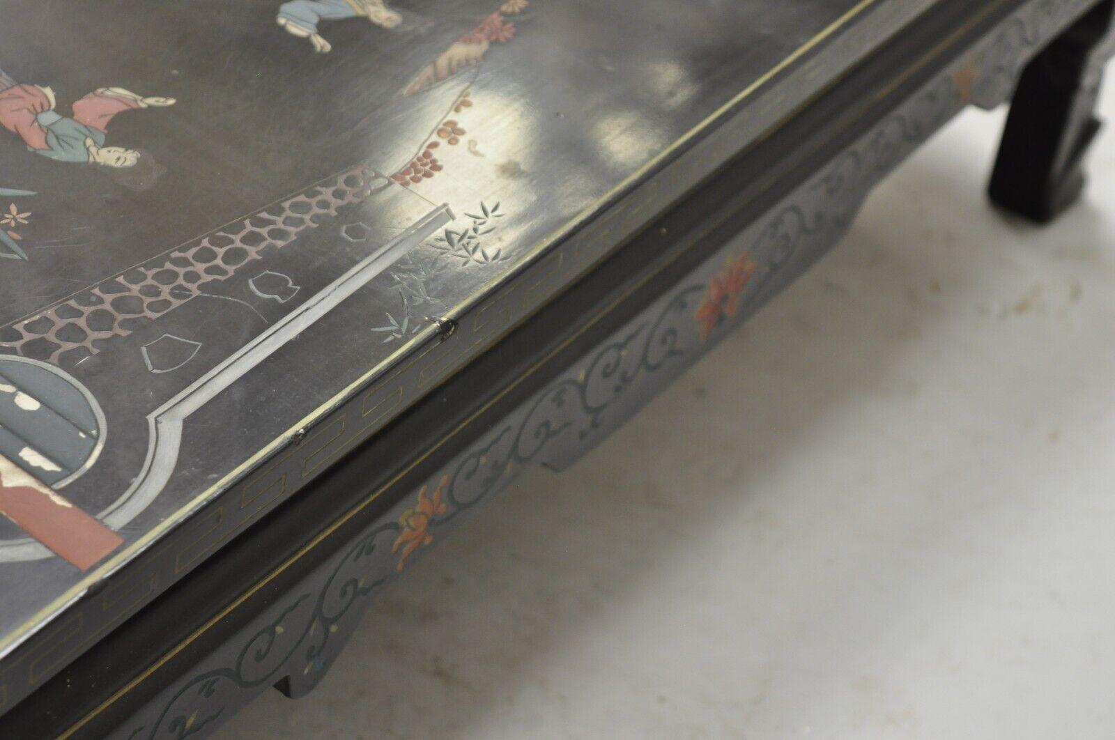 Vintage Chinese Oriental Black Lacquer Hand Painted Low Asian Side Table For Sale 2
