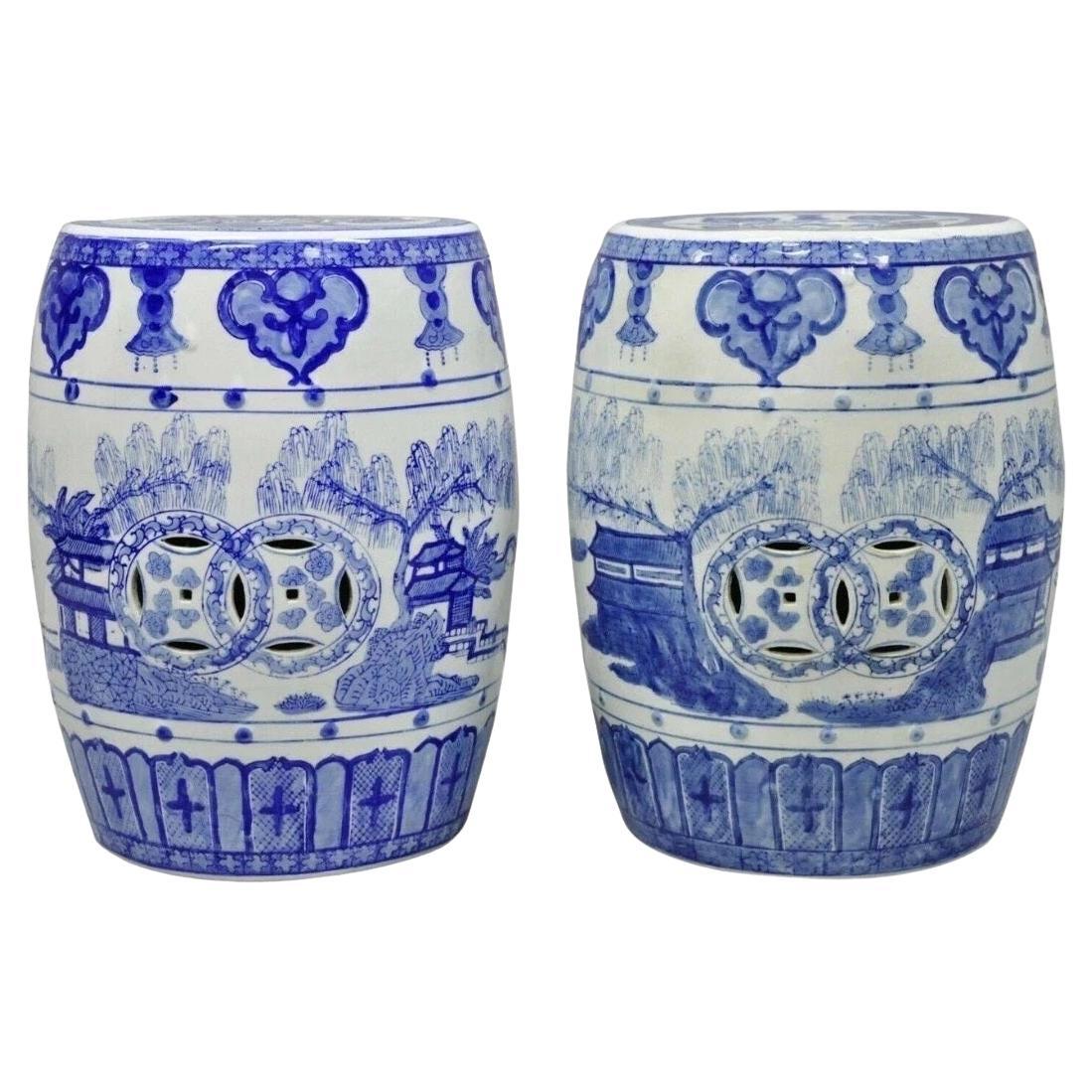 Vintage Chinese Oriental Blue & White Porcelain Garden Drum Seat Table - a Pair