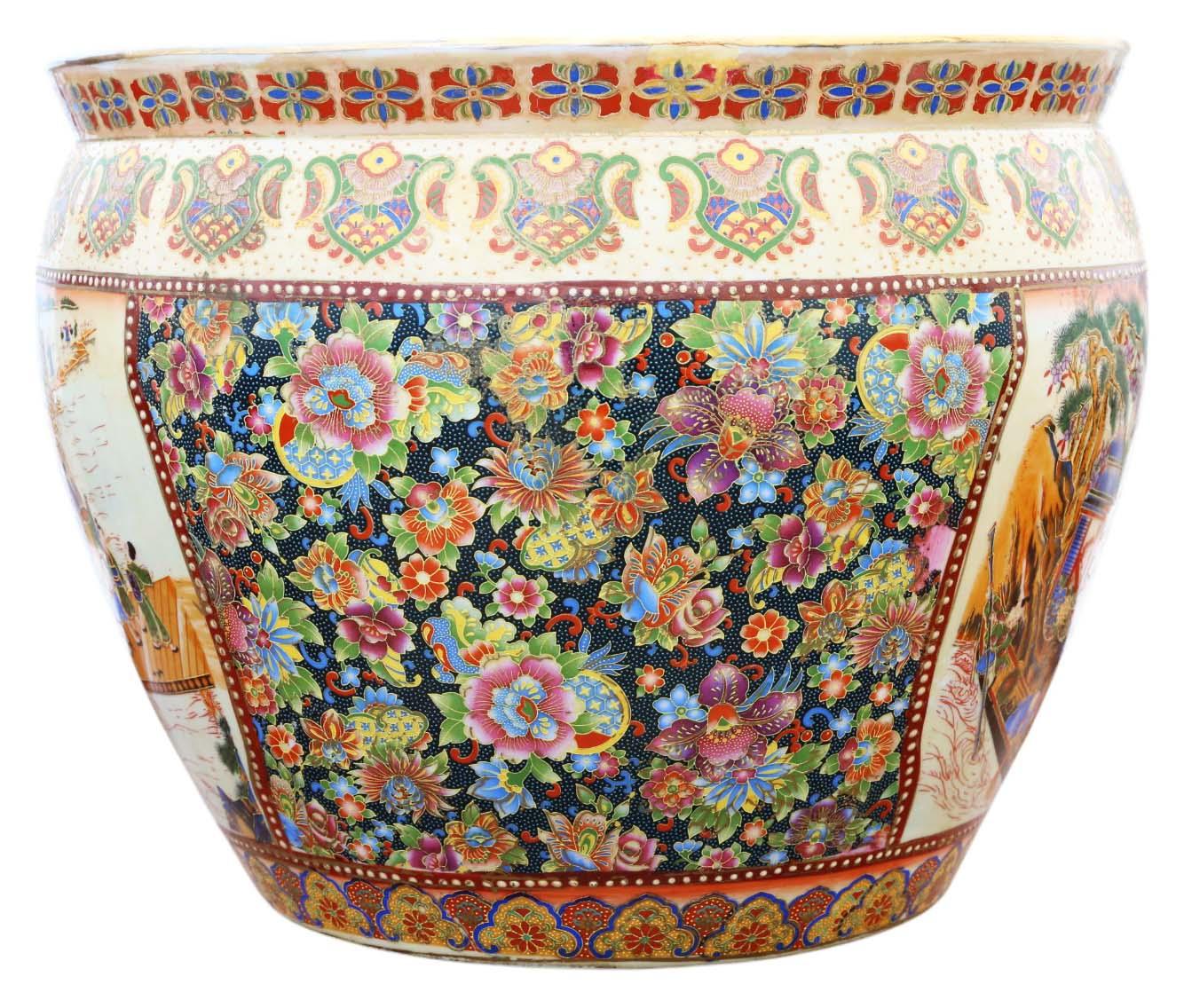 20th Century Vintage Chinese Oriental Ceramic Fish Bowl Planter – Decorative Jardinière