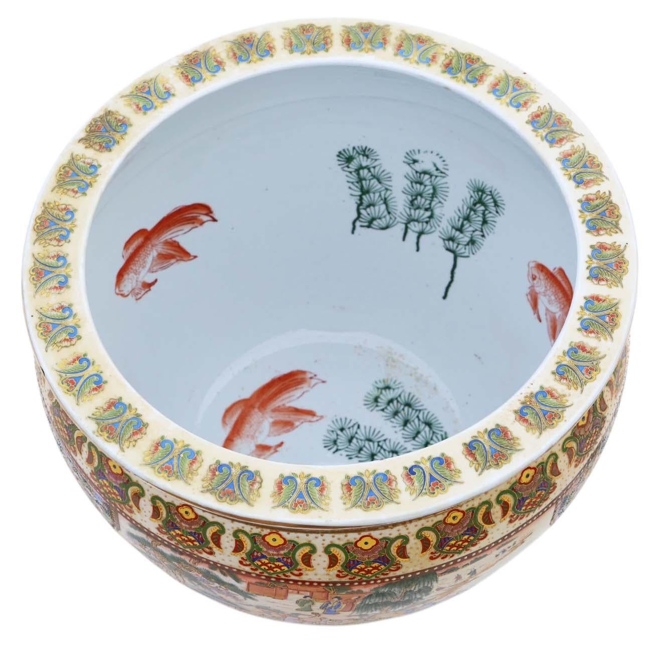 Vintage Chinese Oriental Ceramic Fish Bowl Planter – Decorative Jardinière 1