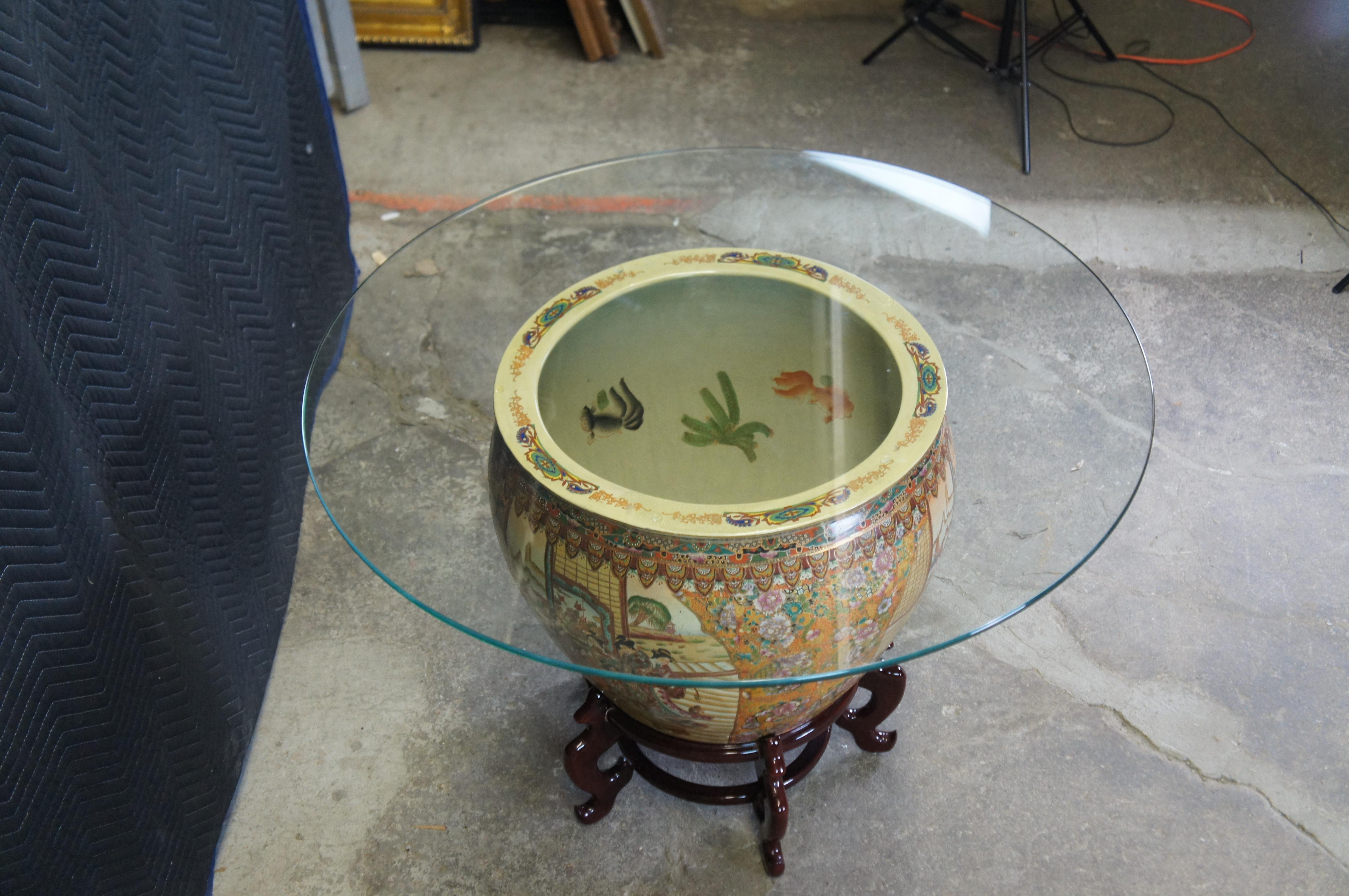 Vintage Chinese Oriental Famille Rose Porcelain Fish Bowl Breakfast Dining Table For Sale 5