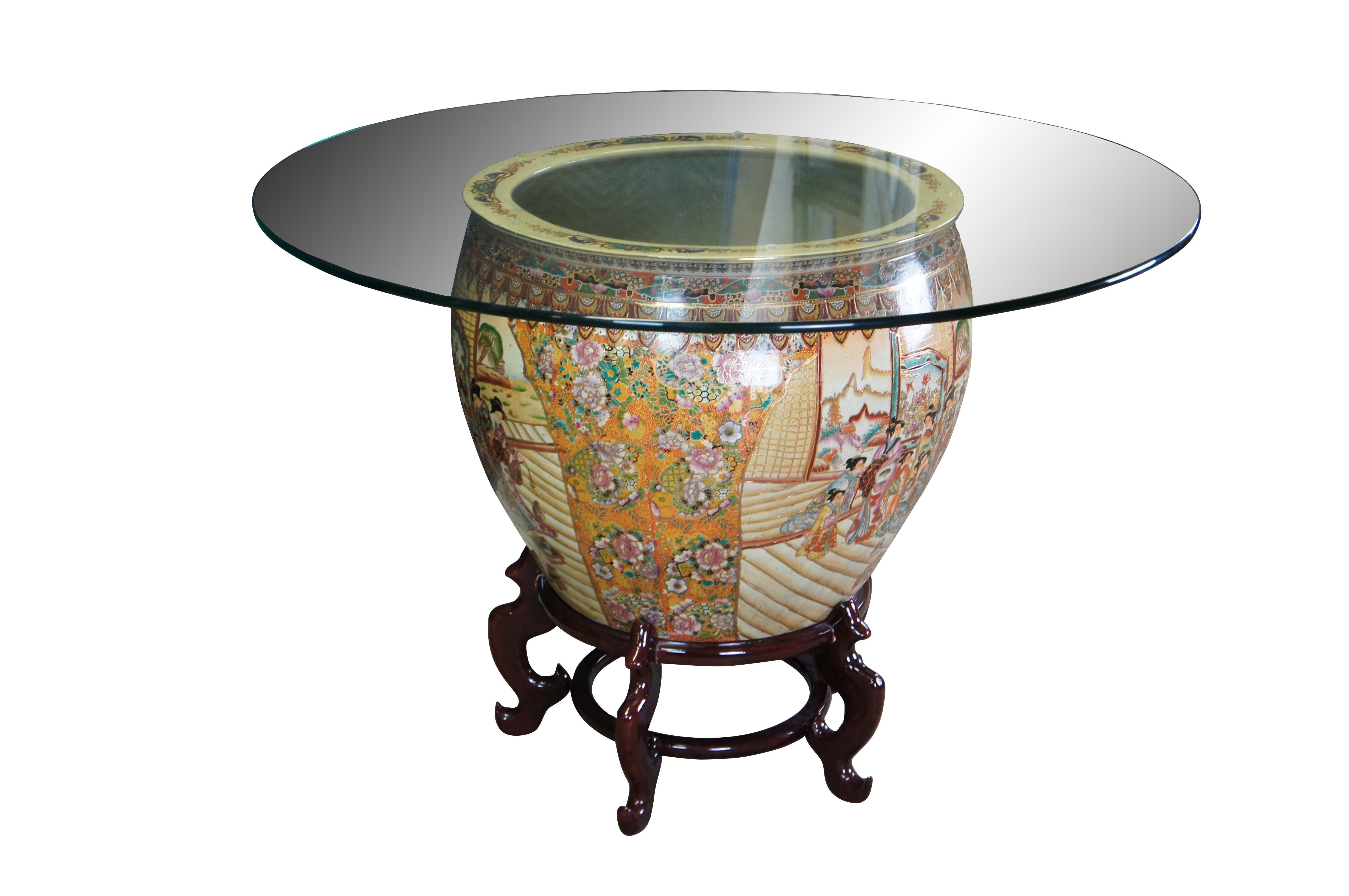 Large vintage Chinese Oriental Satsume style planter / fishbowl / fish pot / jardiniere on stand with glass top - converted for breakfast dining table.  Features a floral and fish theme with Geisha scenes, gardens and gold fish.

Dimensions:
pot 24