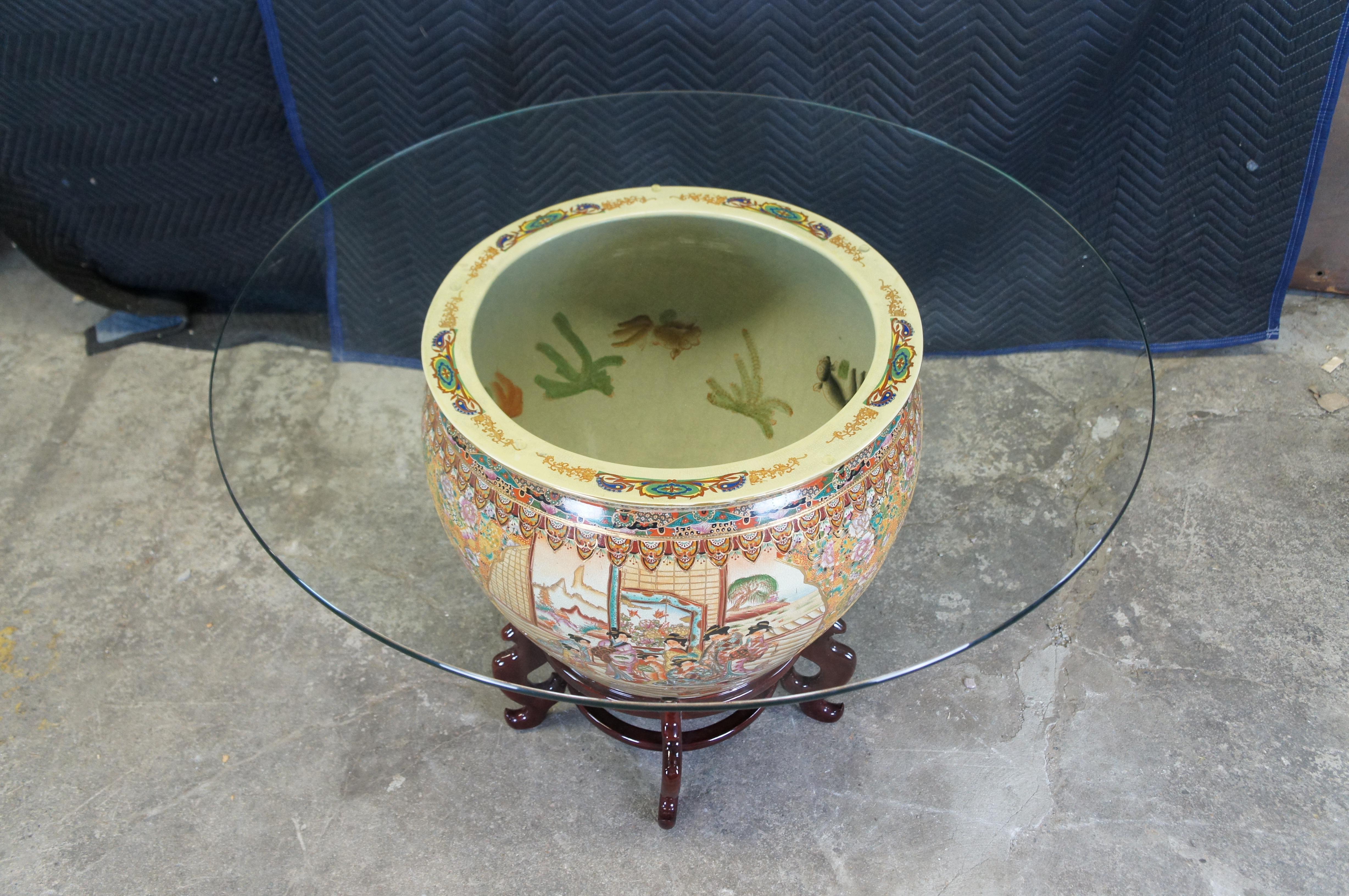 Vintage Chinese Oriental Famille Rose Porcelain Fish Bowl Breakfast Dining Table In Good Condition For Sale In Dayton, OH