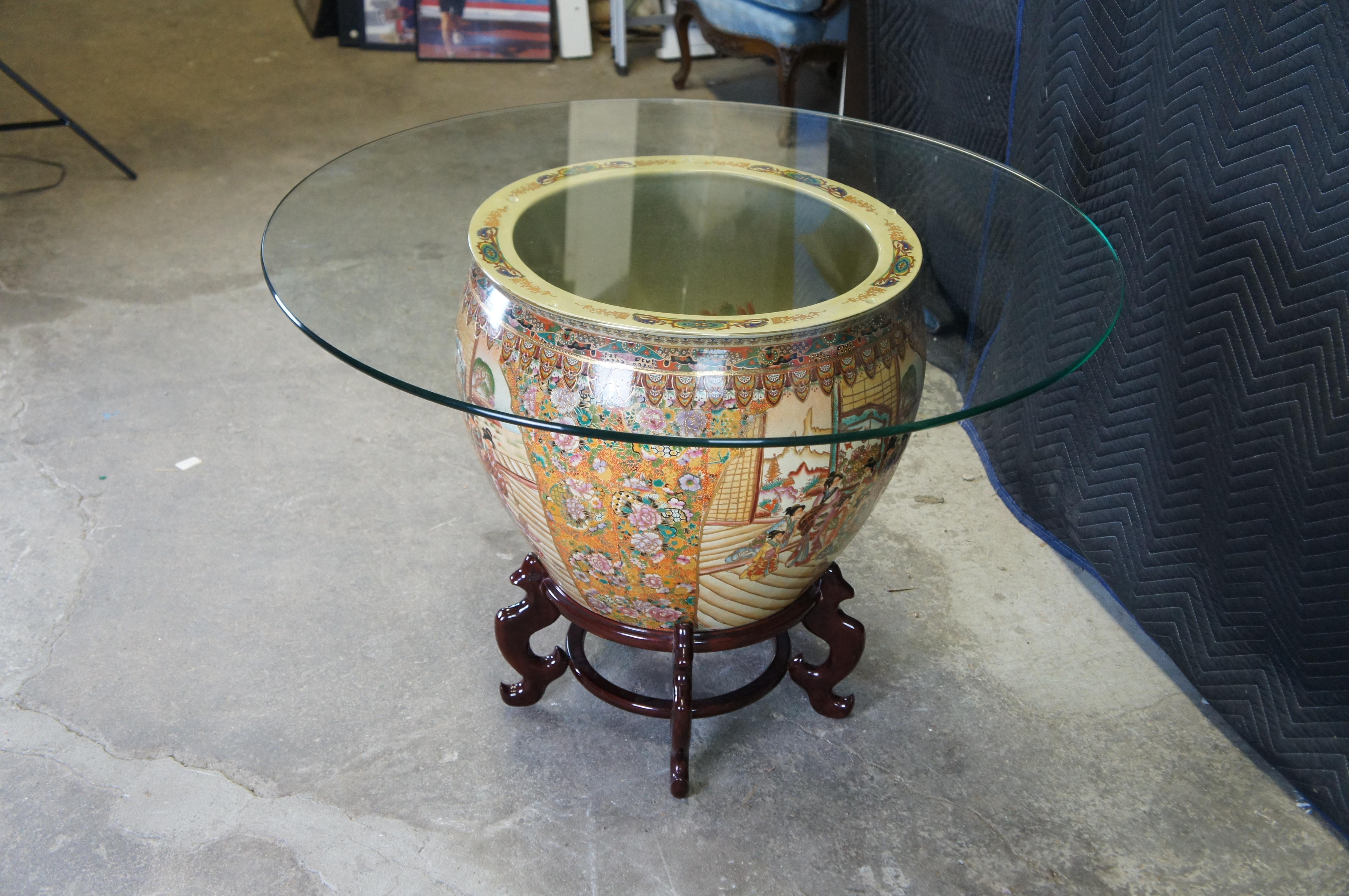 20th Century Vintage Chinese Oriental Famille Rose Porcelain Fish Bowl Breakfast Dining Table For Sale