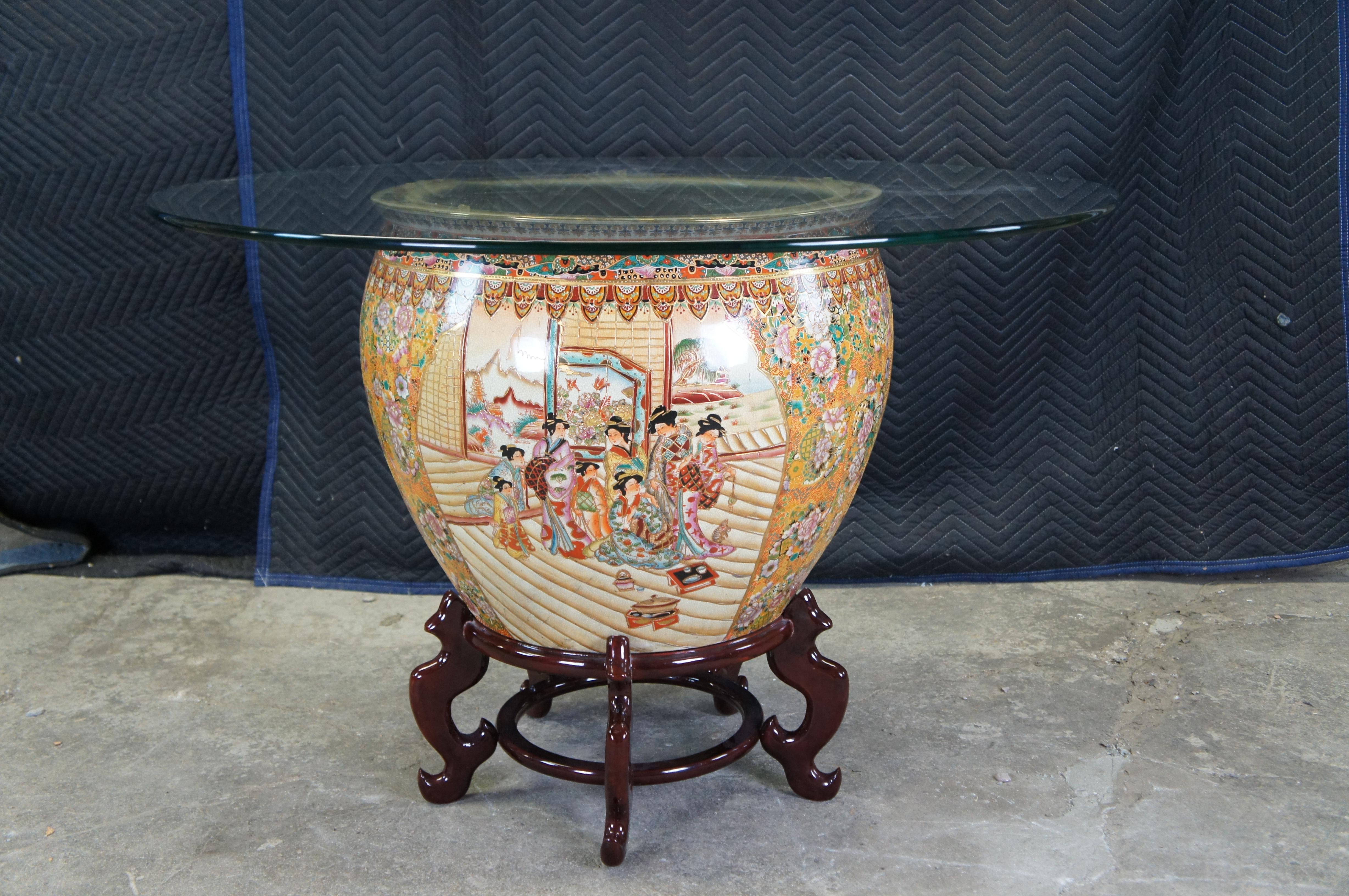 Vintage Chinese Oriental Famille Rose Porcelain Fish Bowl Breakfast Dining Table For Sale 1