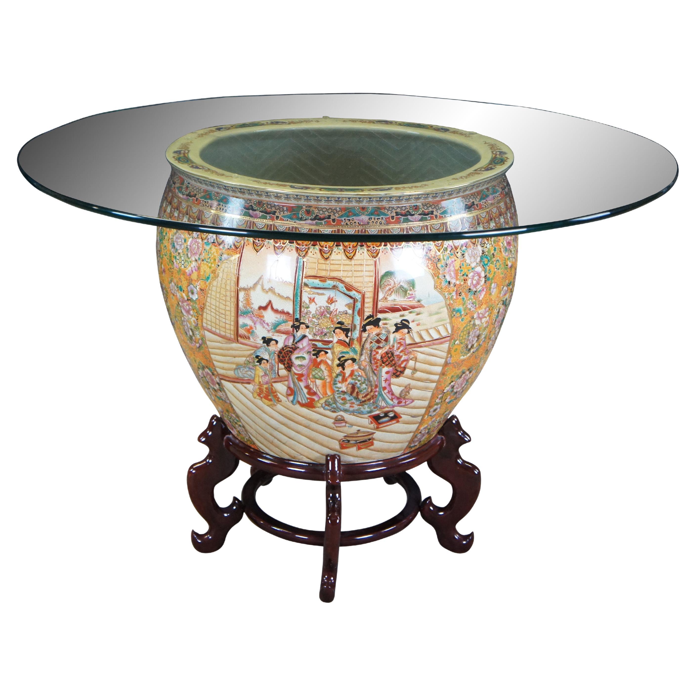 Vintage Chinese Oriental Famille Rose Porcelain Fish Bowl Breakfast Dining Table For Sale
