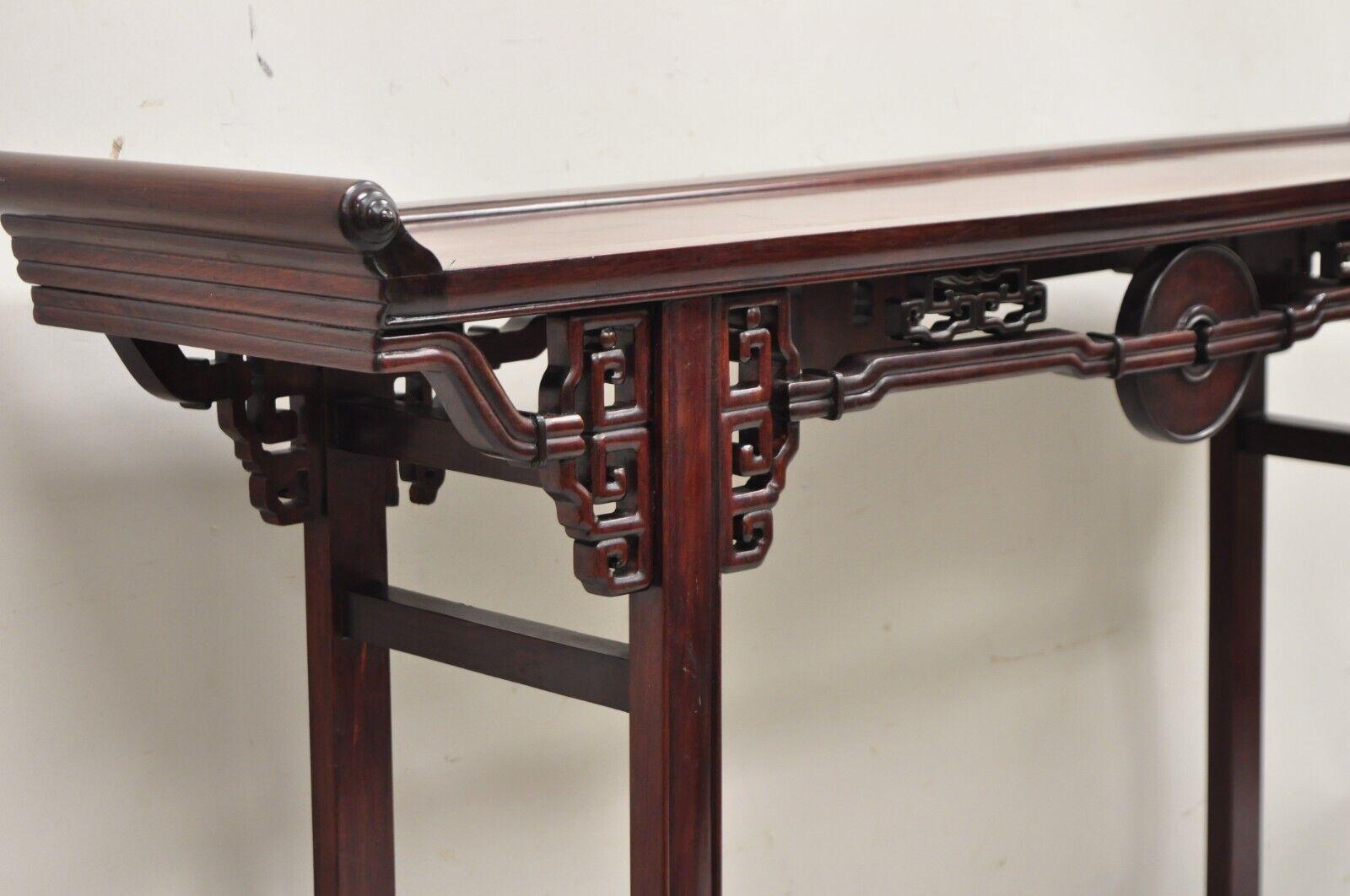 Vintage Chinese Oriental Fretwork Carved Hardwood Altar Console Hall Table For Sale 5