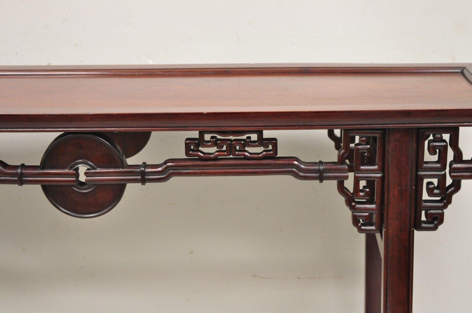 Chinese Export Vintage Chinese Oriental Fretwork Carved Hardwood Altar Console Hall Table For Sale