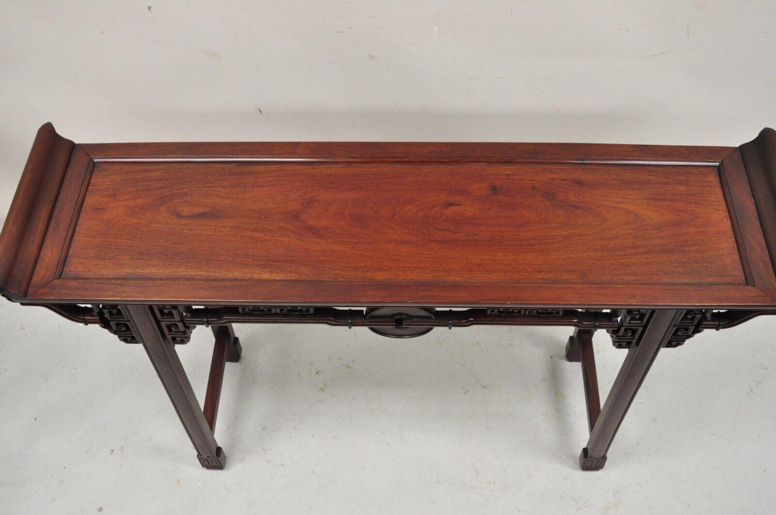 Vintage Chinese Oriental Fretwork Carved Hardwood Altar Console Hall Table For Sale 1