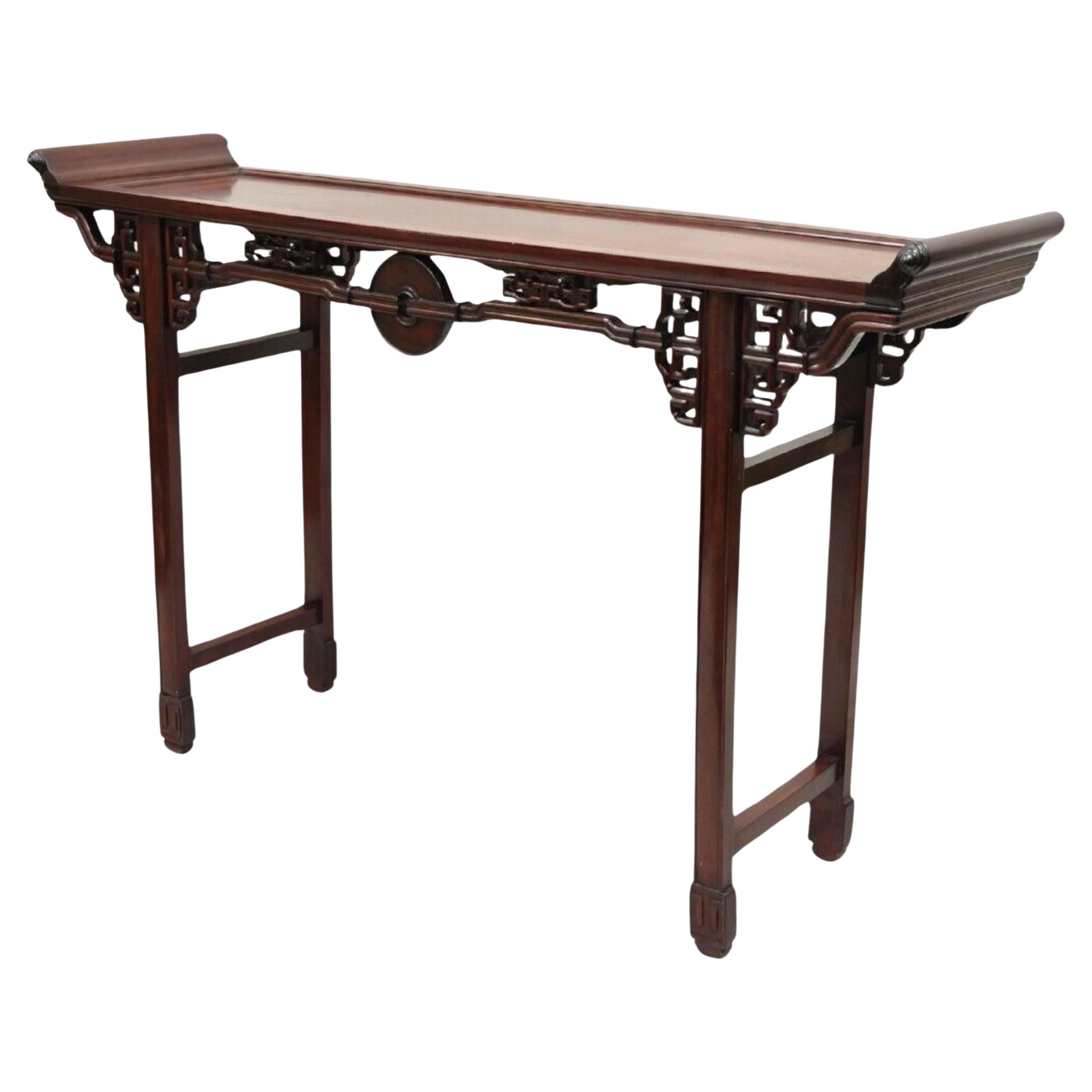 Vintage Chinese Oriental Fretwork Carved Hardwood Altar Console Hall Table For Sale