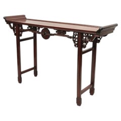 Vintage Chinese Oriental Fretwork Carved Hardwood Altar Console Hall Table