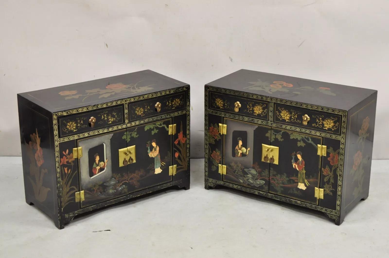 Chinesische, orientalische, kleine, asiatische, schwarz lackierte Vintage-Schränke im Vintage-Stil, ein Paar im Angebot 5