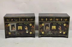 Vintage Chinese Oriental Small Asian Black Lacquer Painted Cabinets - a Pair