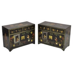 Chinesische, orientalische, kleine, asiatische, schwarz lackierte Vintage-Schränke im Vintage-Stil, ein Paar