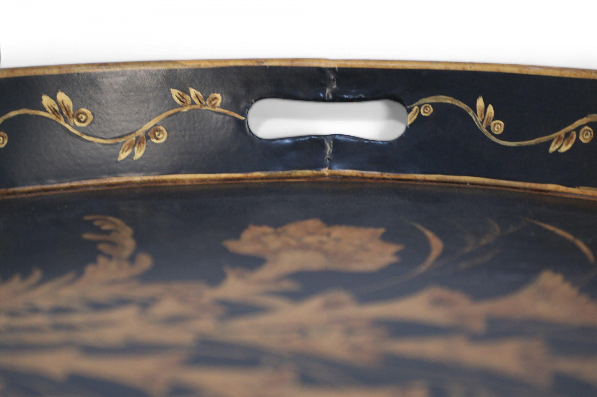 Chinese Export Vintage Chinese Oval Black and Gold Tole Floral Walkway Design Tray For Sale