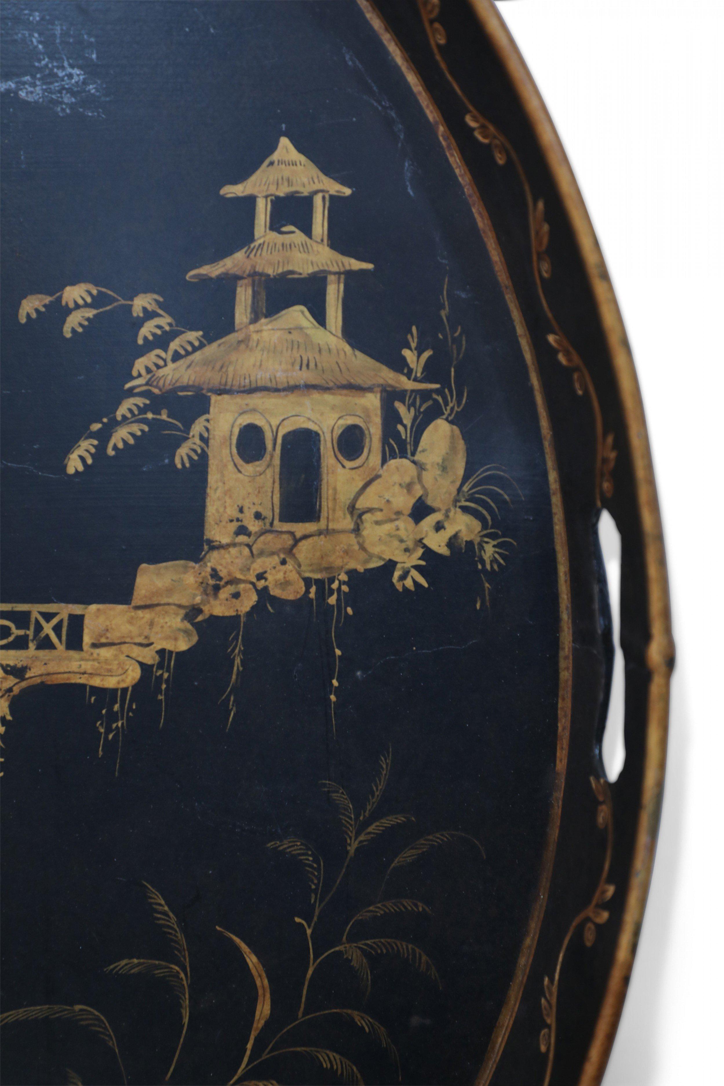 Painted Vintage Chinese Oval Black and Gold Tole Floral Walkway Design Tray For Sale
