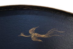 Vintage Chinese Oval Tole Black and Gold Pastoral Scene Tray