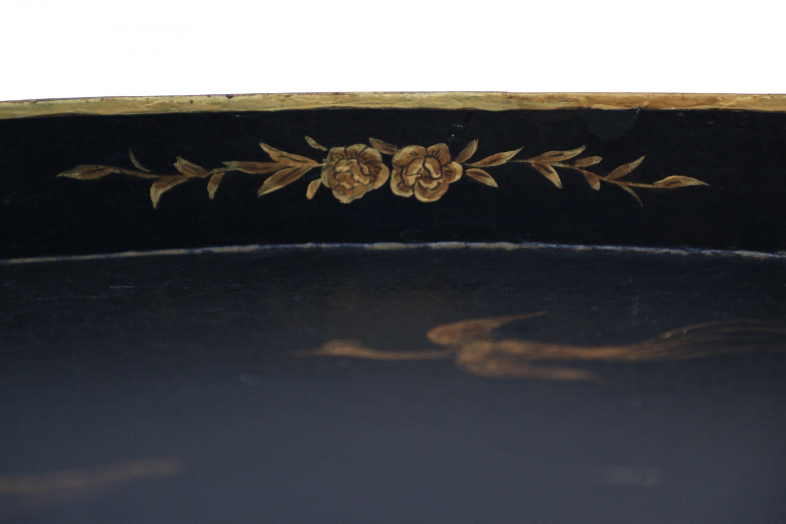 20th Century Vintage Chinese Oval Tole Black and Gold Pastoral Scene Tray For Sale