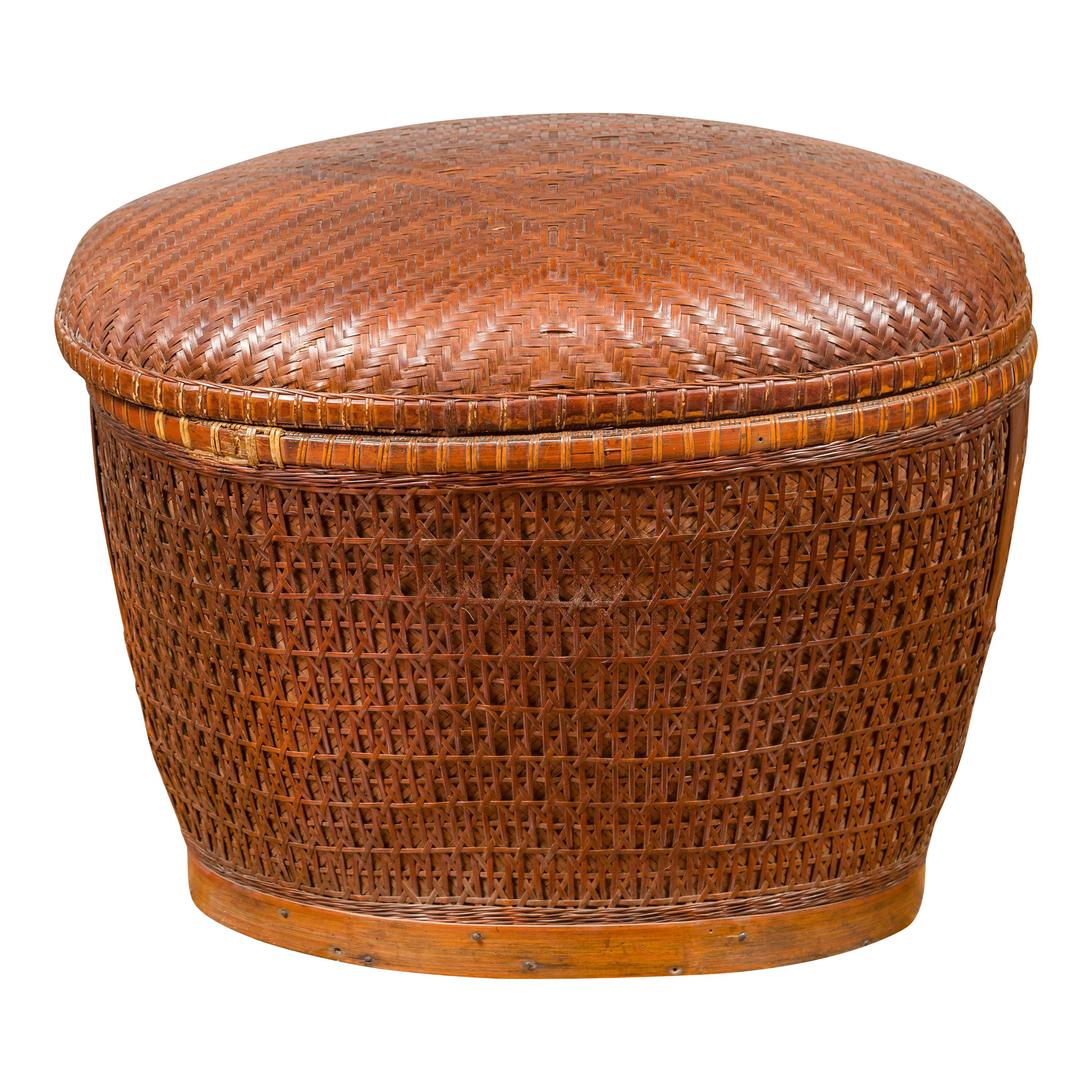 Vintage Chinese Oval Woven Rattan Basket with Lid and Geometric Motifs