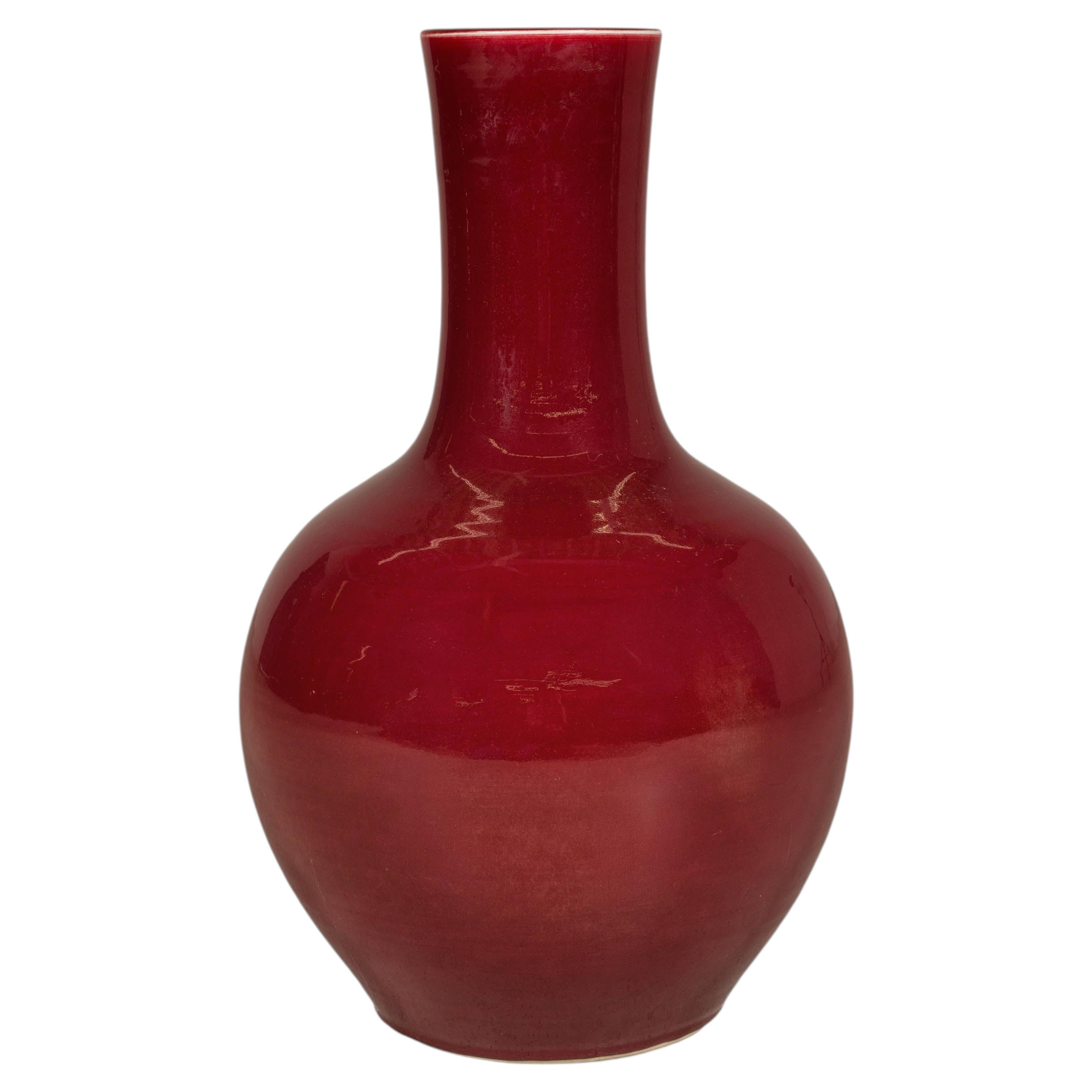 Vintage Chinese Oxblood Porcelain Vase with Long Neck and Baluster Form