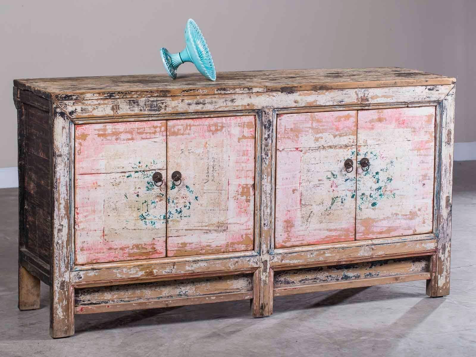 Anglo-Indian Vintage Chinese Painted Buffet Credenza Sideboard in Pink Black, circa 1940