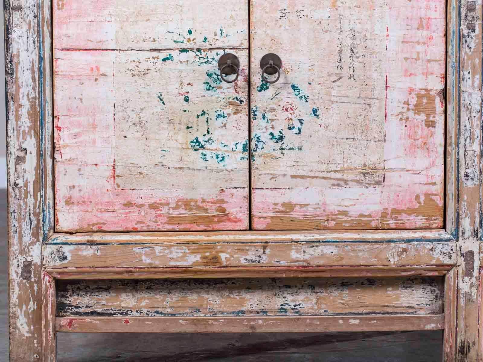 Hand-Crafted Vintage Chinese Painted Buffet Credenza Sideboard in Pink Black, circa 1940