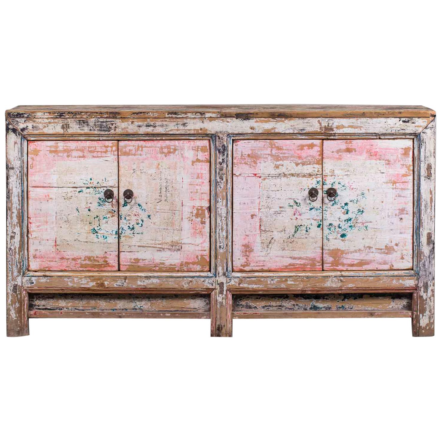 Vintage Chinese Painted Buffet Credenza Sideboard in Pink Black, circa 1940