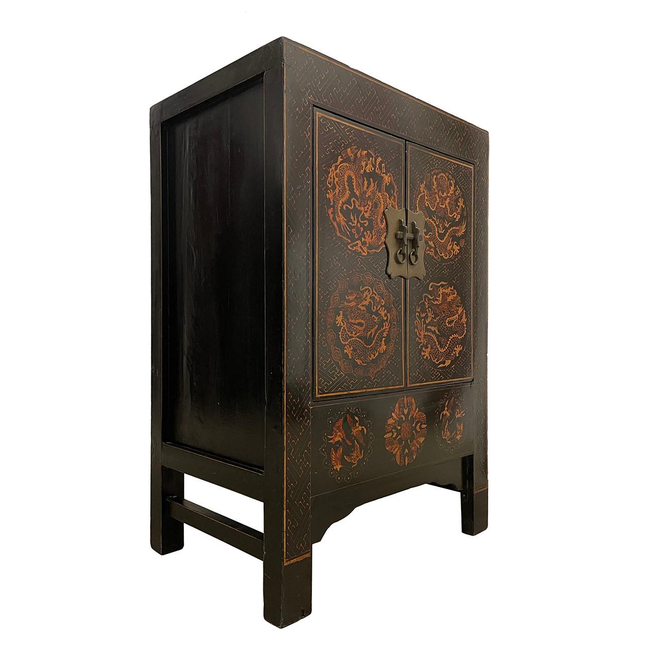 This beautiful Night Stand is hand made and have beautiful Chinese traditional folks art painting of dragon on the front. Very sturdy. It has two open doors compartment on the front with antique hardware on it. There is one shelf inside compartment
