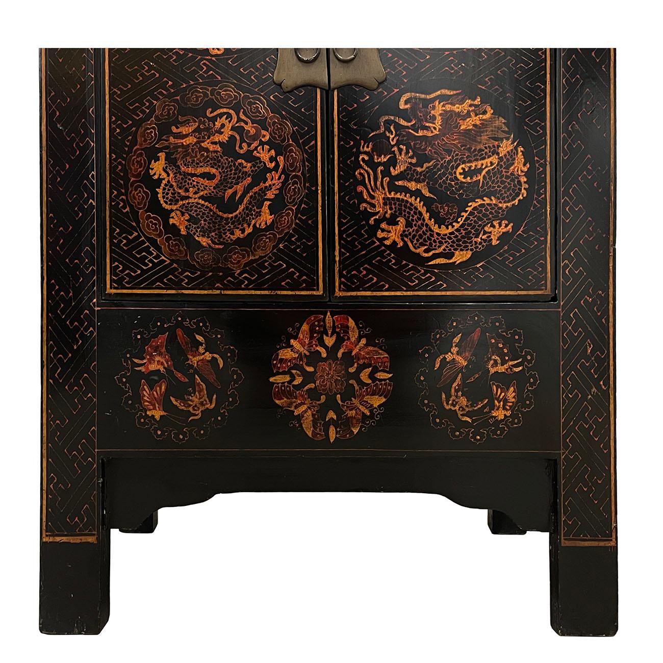 Elm Vintage Chinese Painted Dragon Night Stand/End Table For Sale