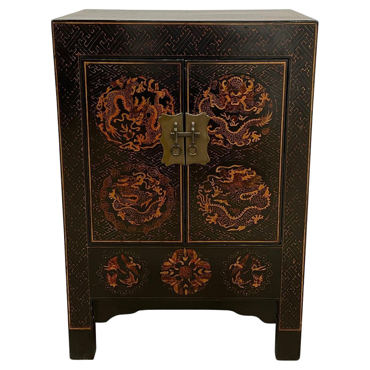 Vintage Chinese Painted Dragon Night Stand/End Table For Sale