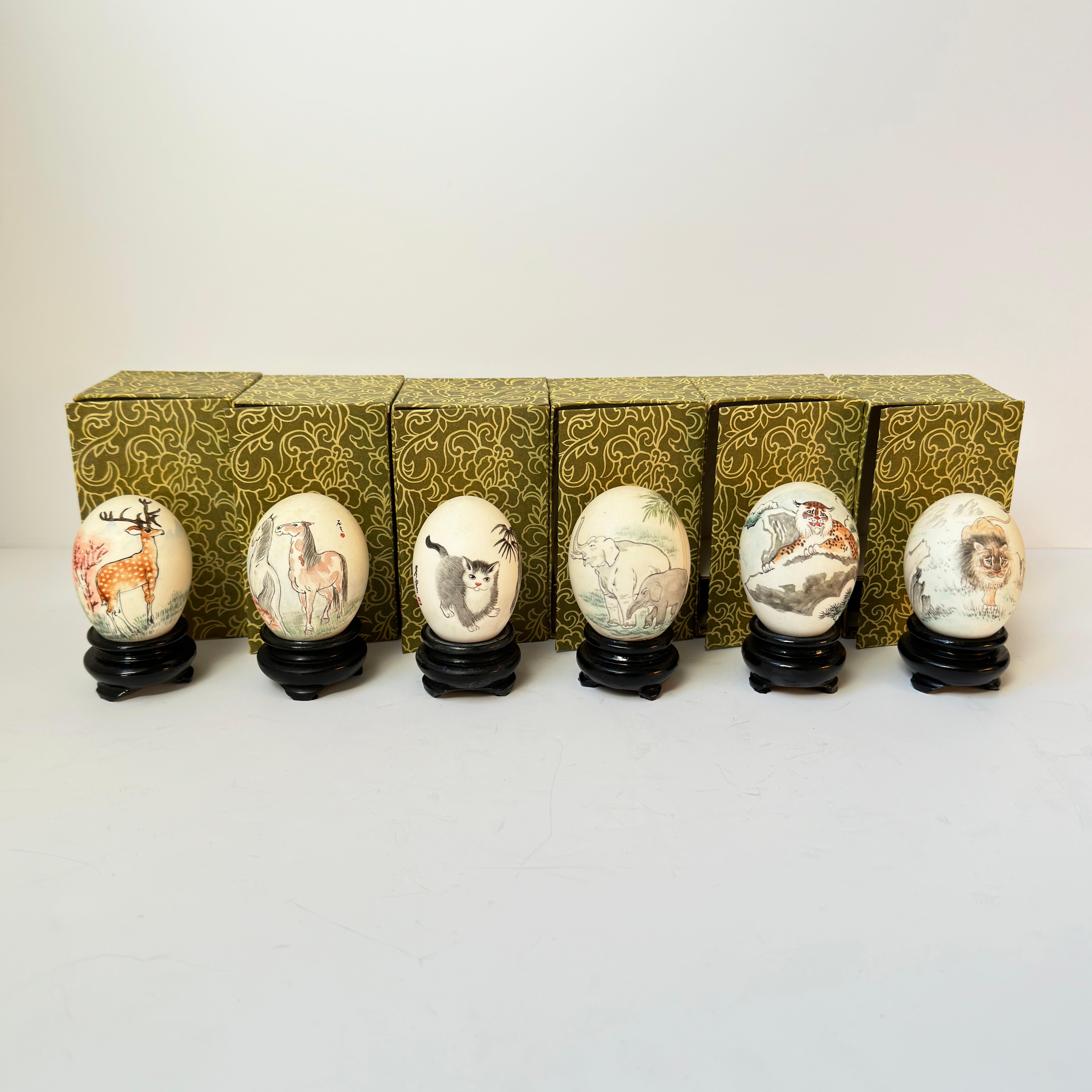 Vintage Chinese Painted Eggshells on Wooden Display Plinths - Set of 6 In Good Condition In Glasgow, GB