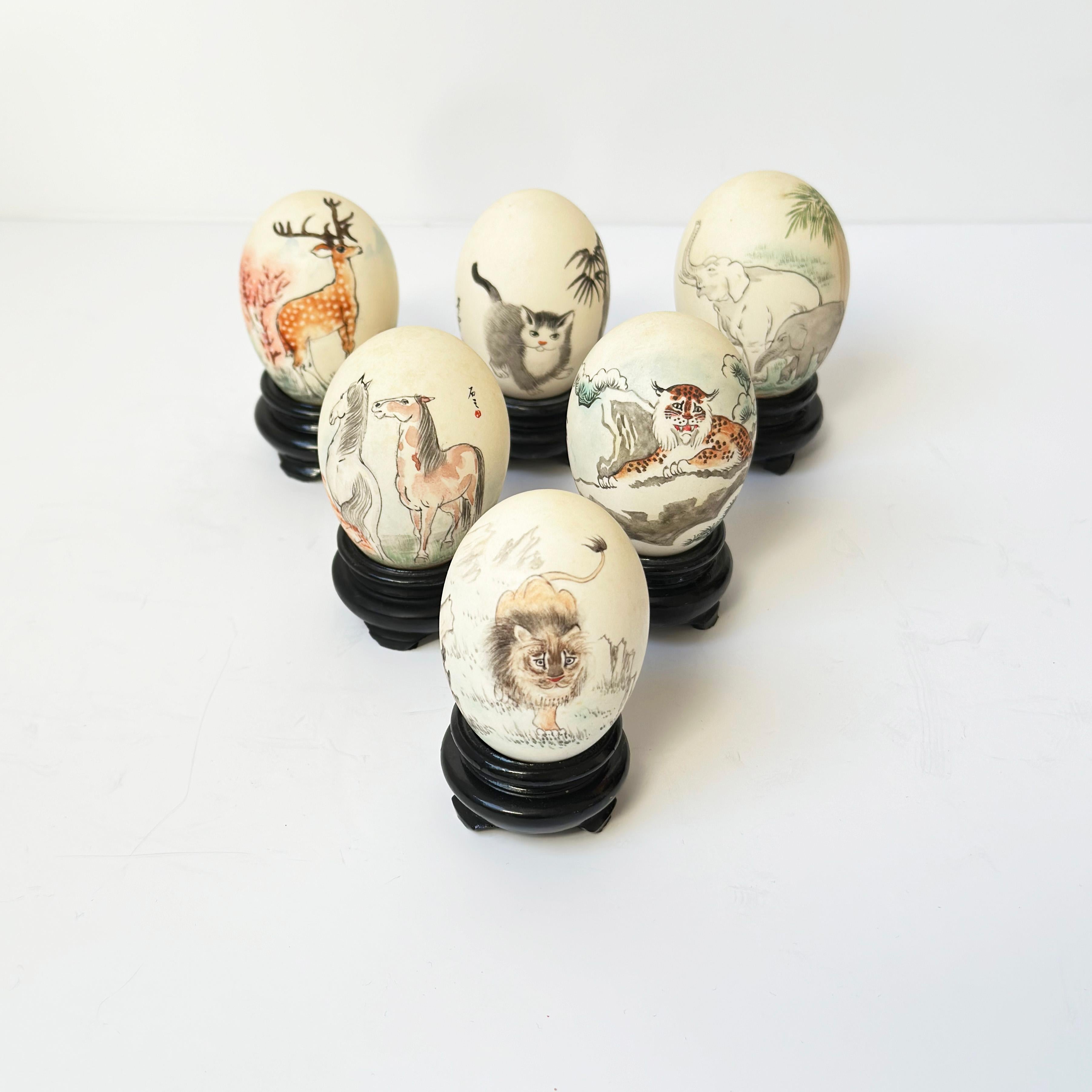 Late 20th Century Vintage Chinese Painted Eggshells on Wooden Display Plinths - Set of 6 For Sale
