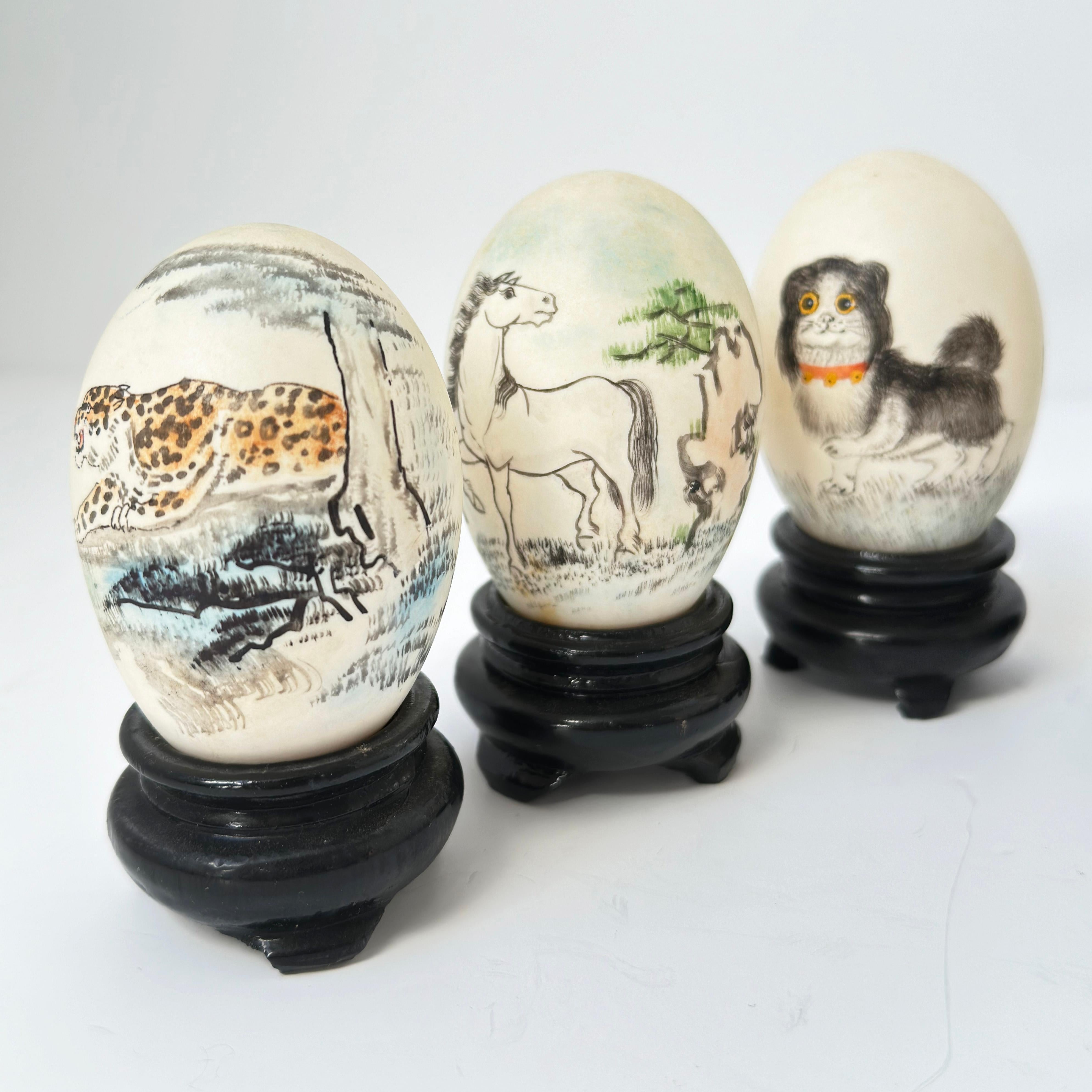 Late 20th Century Vintage Chinese Painted Eggshells on Wooden Display Plinths - Set of 6