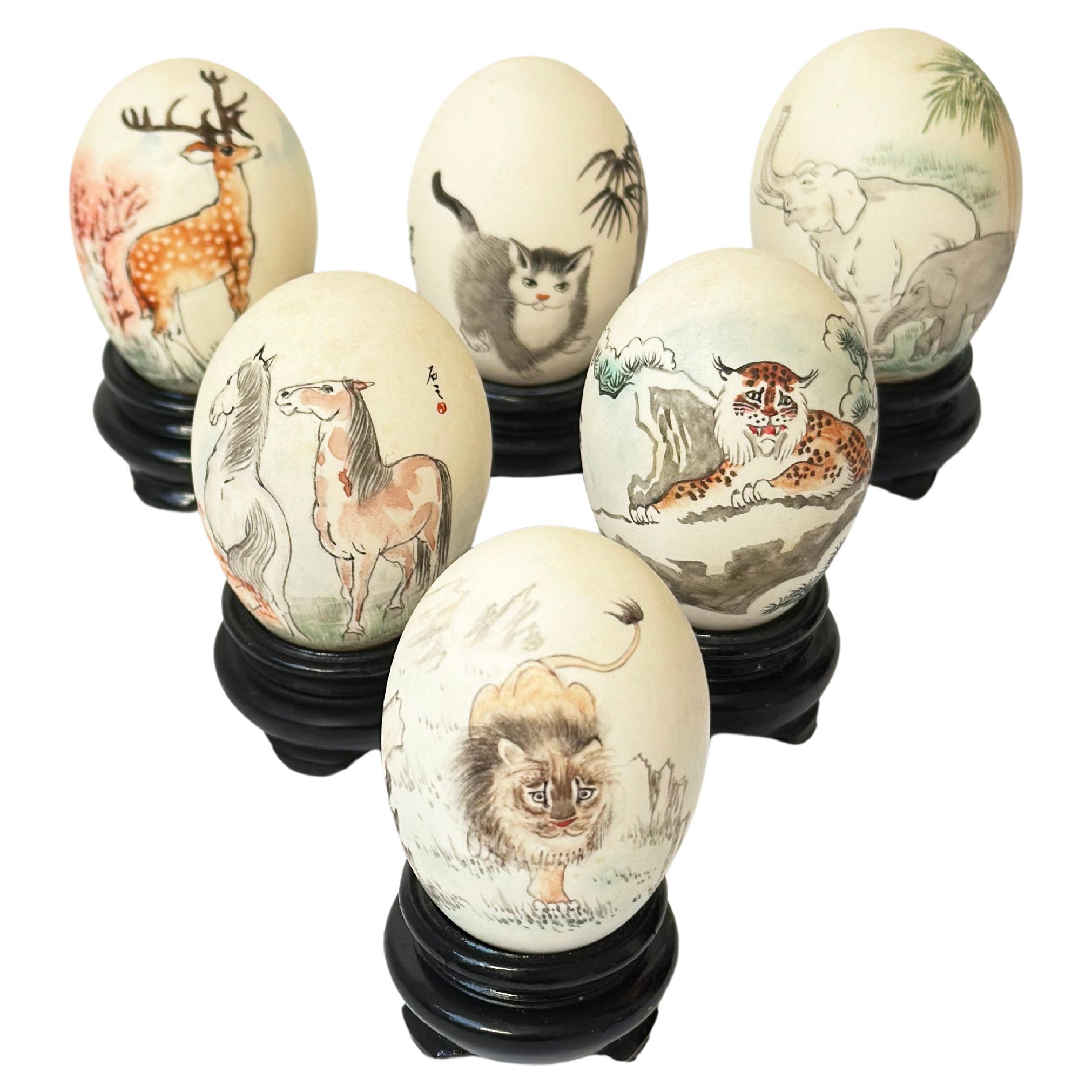 Vintage Chinese Painted Eggshells on Wooden Display Plinths - Set of 6 For Sale