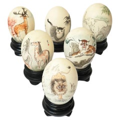 Vintage Chinese Painted Eggshells on Wooden Display Plinths - Set of 6