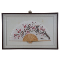 1985 Yu Tang Chinese Bird Cherry Plum Blossoms Silk Shadow Box Fan