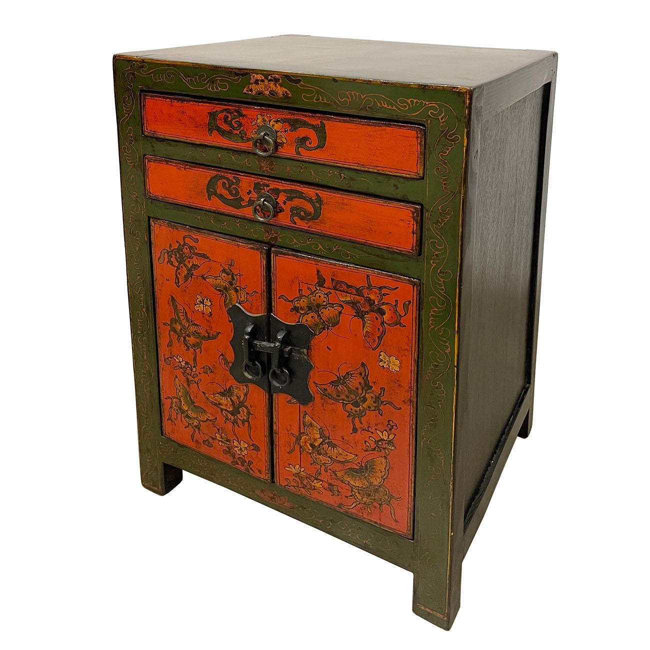 This beautiful night stand is hand made and have beautiful Chinese traditional folks art painting of bats on the front. Very sturdy. It has two open doors compartment and two drawers on the front with antique hardware on it. There are a lot of