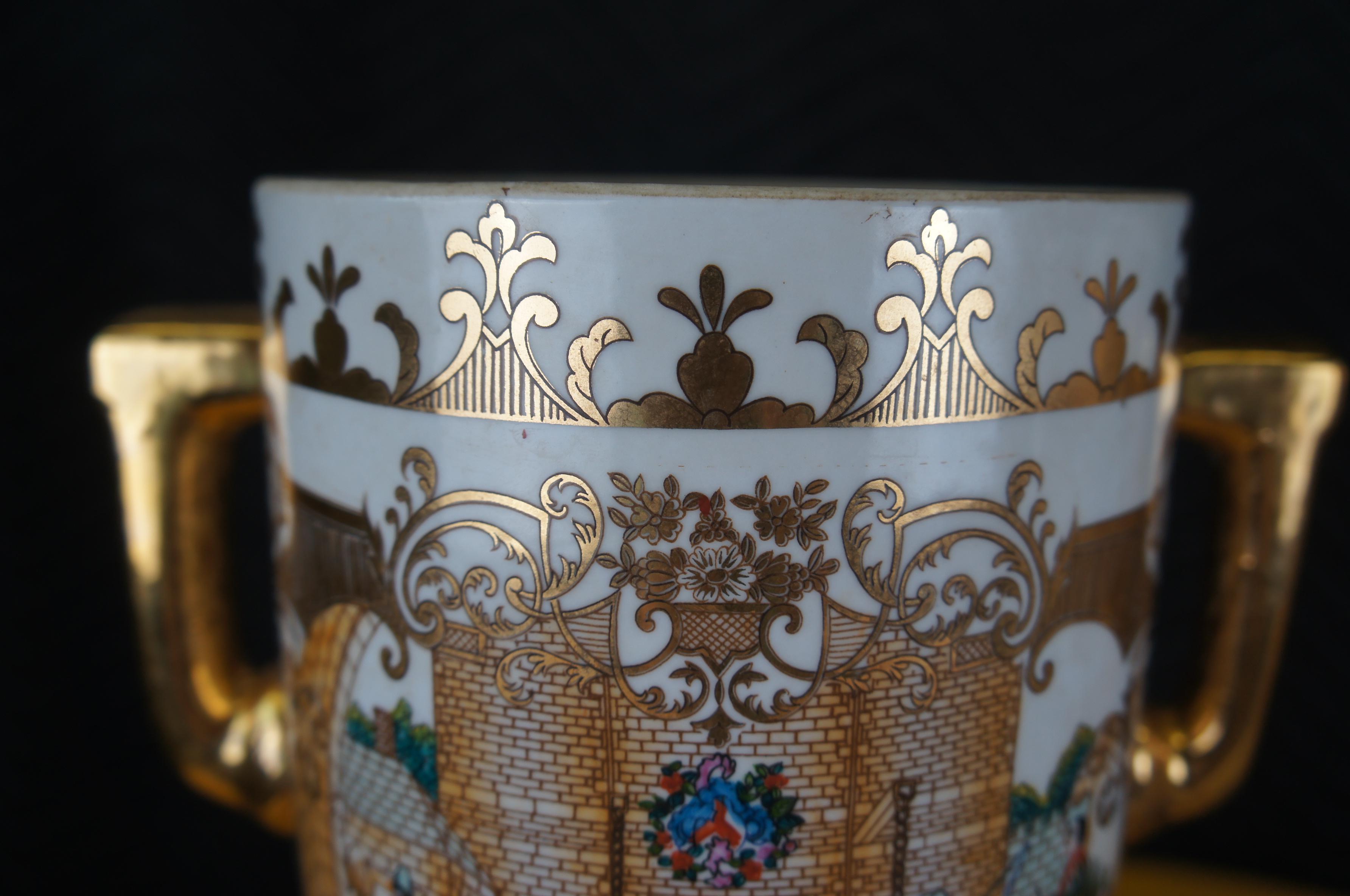 Vintage Chinese Painted Porcelain Polychrome Lidded Trophy Urns Medieval Scene For Sale 2