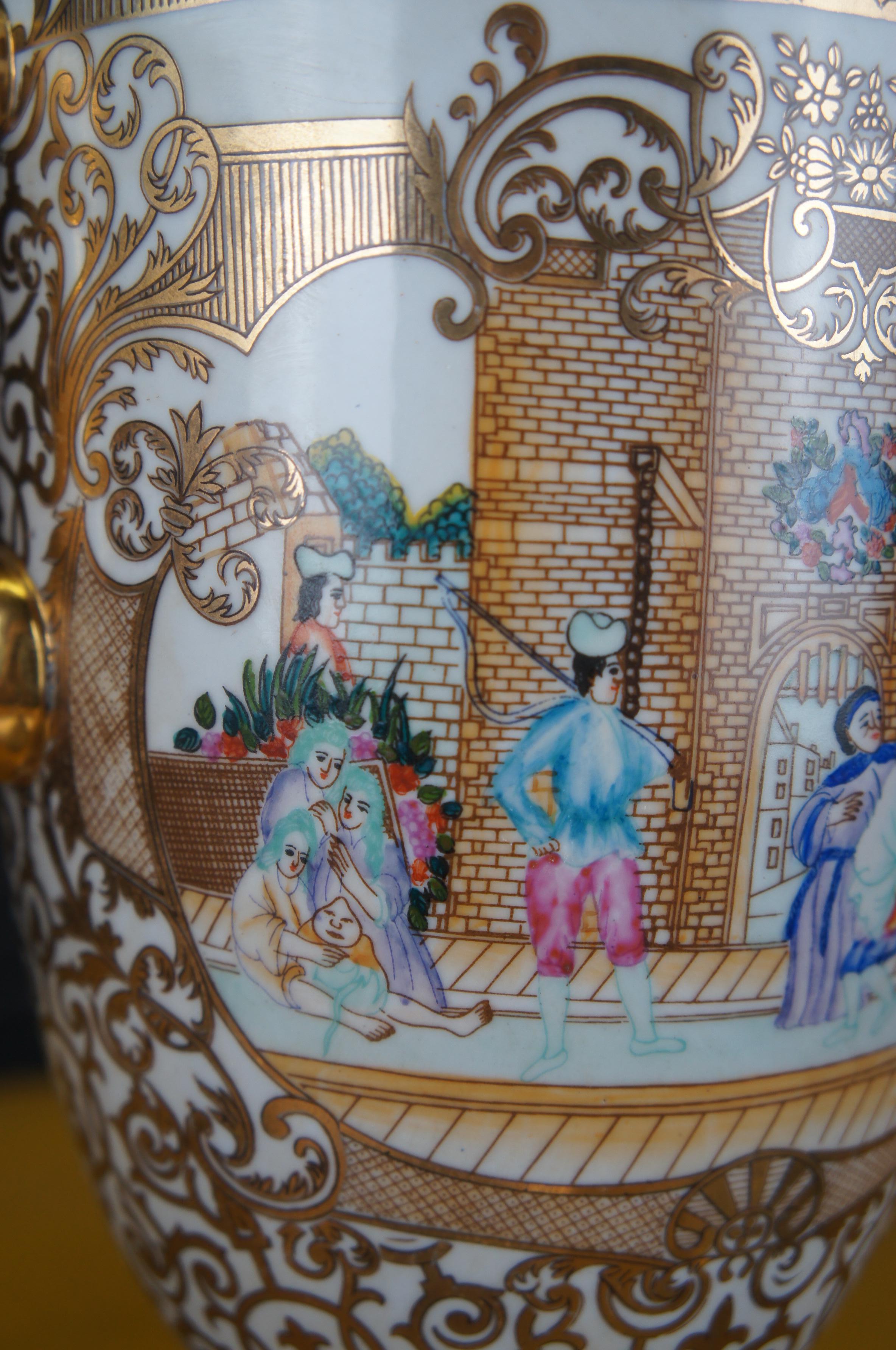 Vintage Chinese Painted Porcelain Polychrome Lidded Trophy Urns Medieval Scene For Sale 4