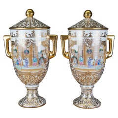 Vintage Chinese Painted Porcelain Polychrome Lidded Trophy Urns Medieval Scene
