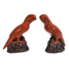 Vintage Chinese Pair of Orange Parrots or parakeets, glossy porcelain