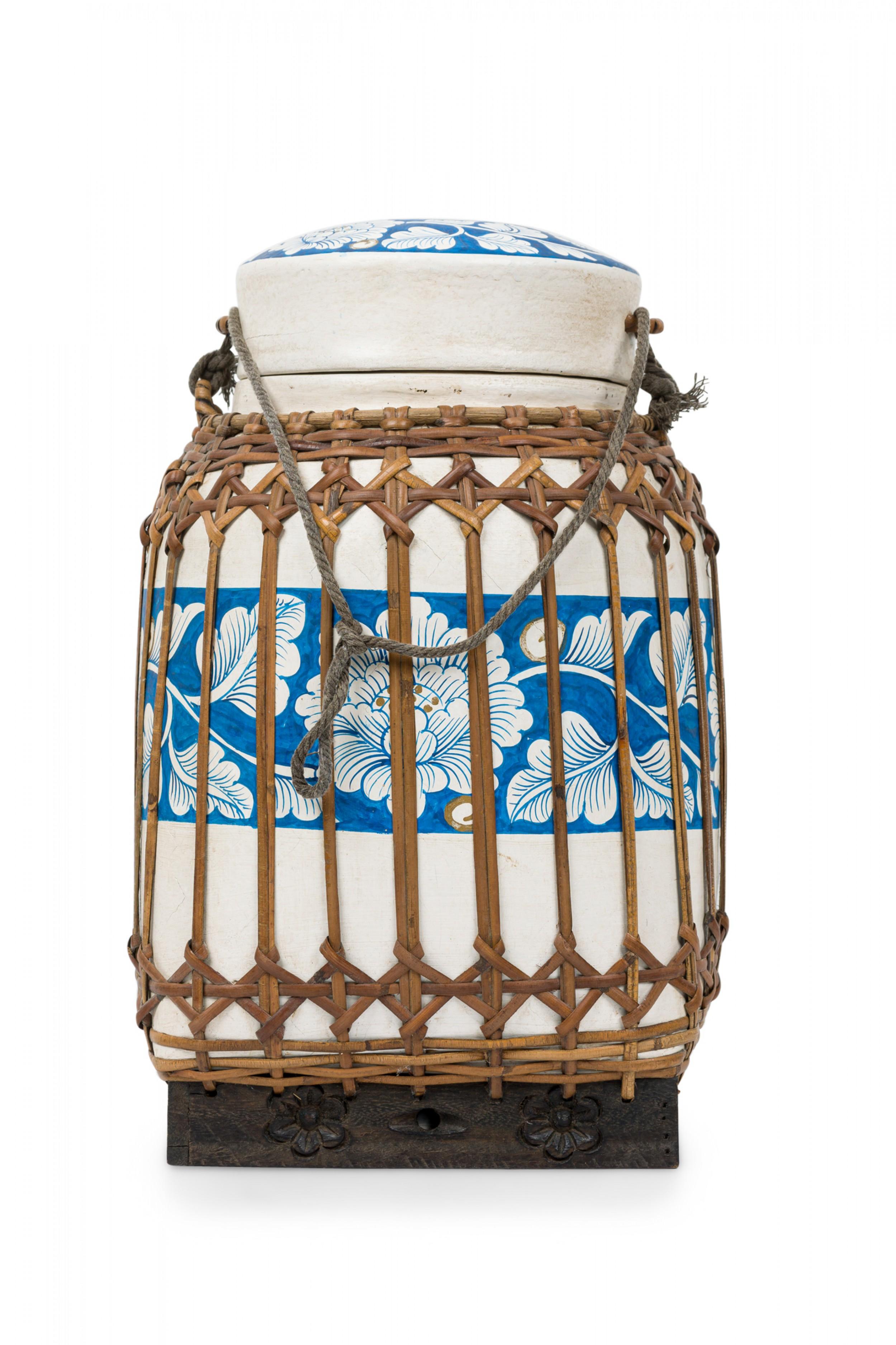 Painted Vintage Chinese Papier-Mache Blue and White Basket with Lid For Sale