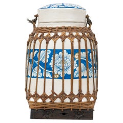 Vintage Chinese Papier-Mache Blue and White Basket with Lid
