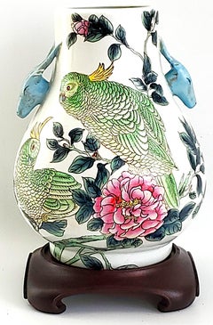 Vintage Chinese Parrot Vase Hand Painted Pair Crested Parrots or Cockatoo Birds