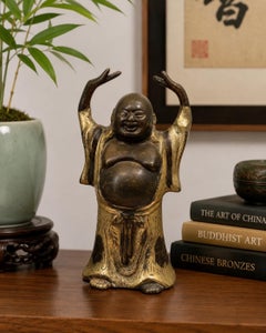 Scultura vintage cinese in bronzo patinato raffigurante Budai, il Buddha che ride, 1950 circa