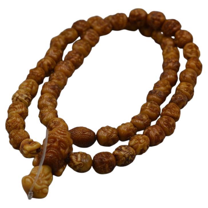 Vintage Chinese Peach-Stone Carving Arhats Heads Beads Necklace